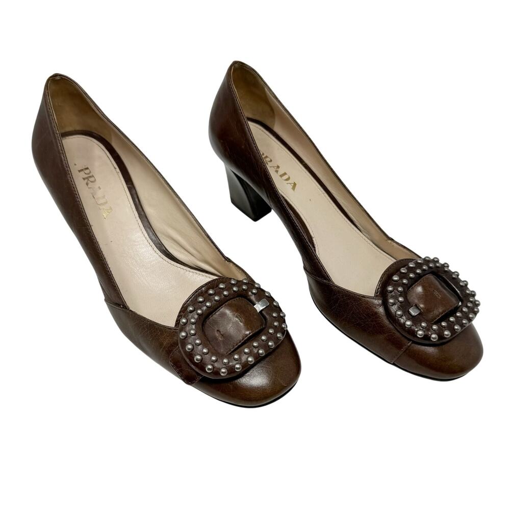 Prada Vintage Studded Buckle Chocolate Brown Leather Block Heels Pumps 36.5